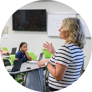 cirlce image of accounting professor in new CCB classroom